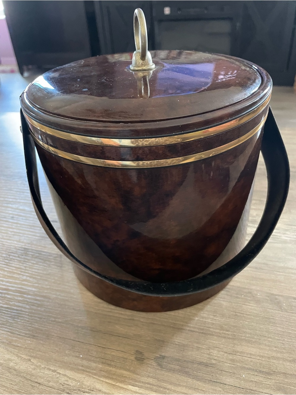 Vintage MCM Faux dark brown wood grain Ice bucket with Matching lid Golden trim
